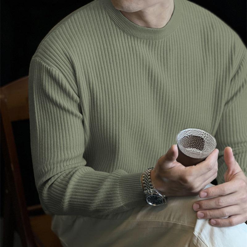 Men S Solid Color Knitted Sweater Round Neck Long Sleeve Loose Fit Pullover