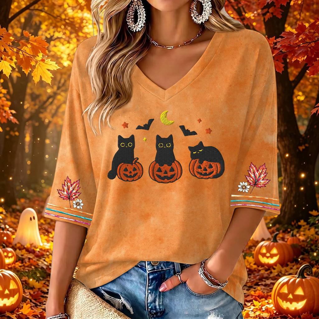 Women's Casual V-Neck Halloween Print Three-Quarter Sleeve Blouse for Halloween Party