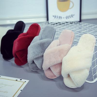 Pantofole pelose incrociate, Pantofole da interno piatte in peluche, Pantofole calde a punta aperta