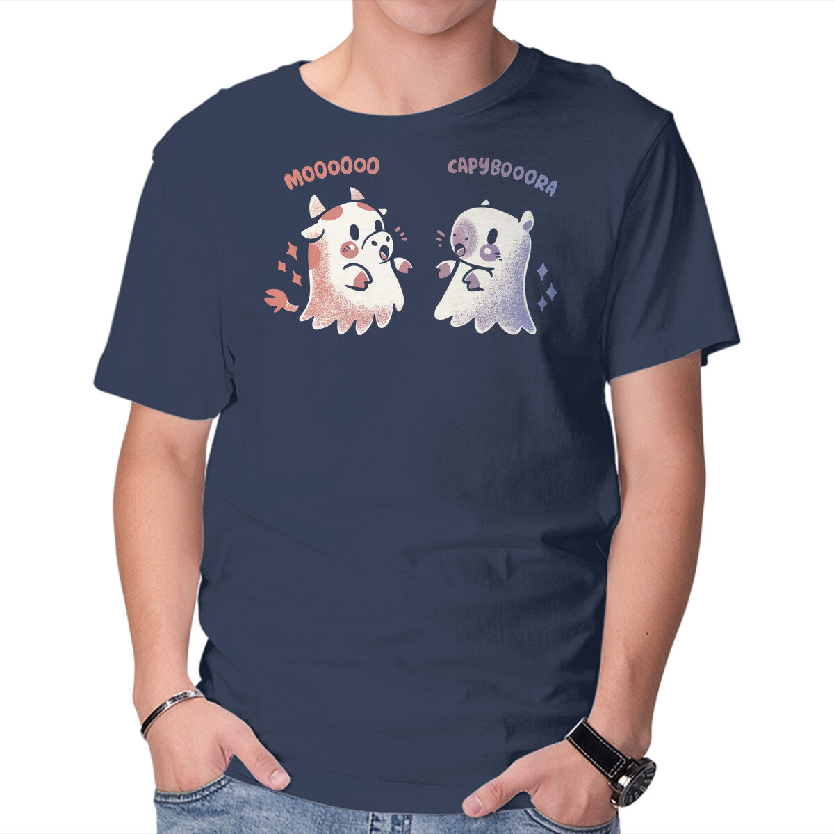 Unisex Crew Neck T-Shirt Spooky Capy And Cow Graphic Short Sleeve Casual Tee L
