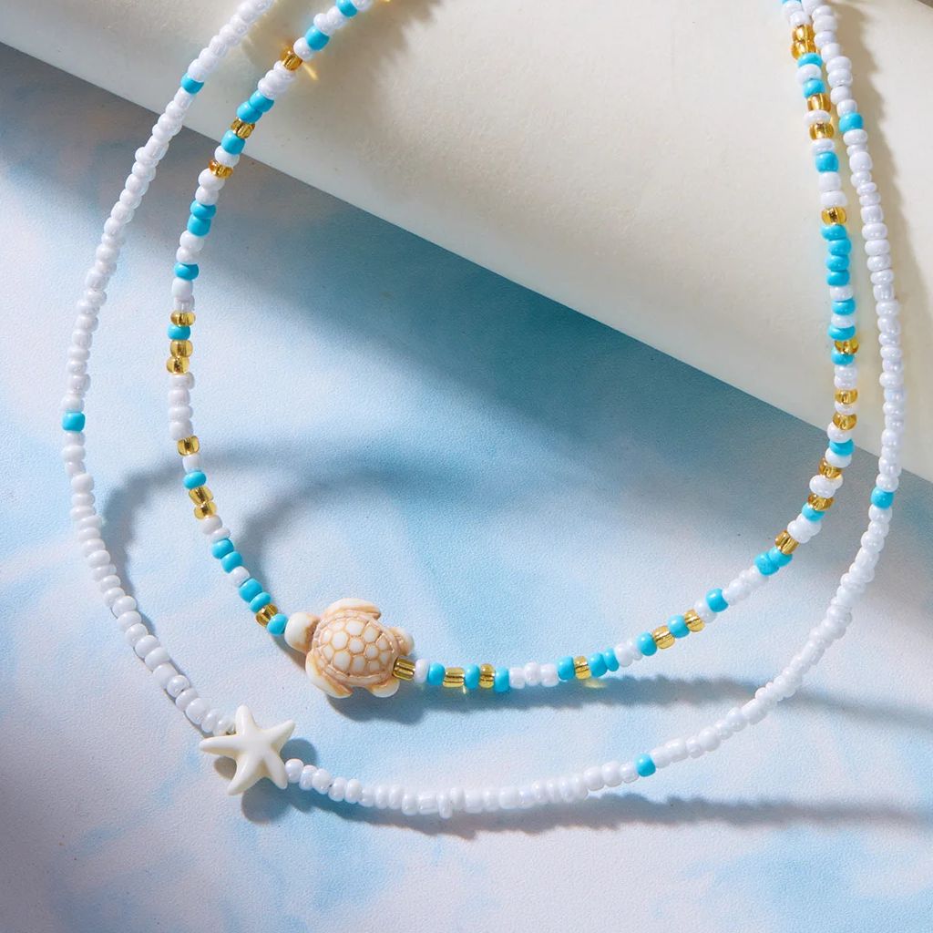 Bohemian Mixed Color Rice Beads Starfish Pendant Necklace for Women Double Turtle Chain Clavicle Necklace Summer Travel Jewelry