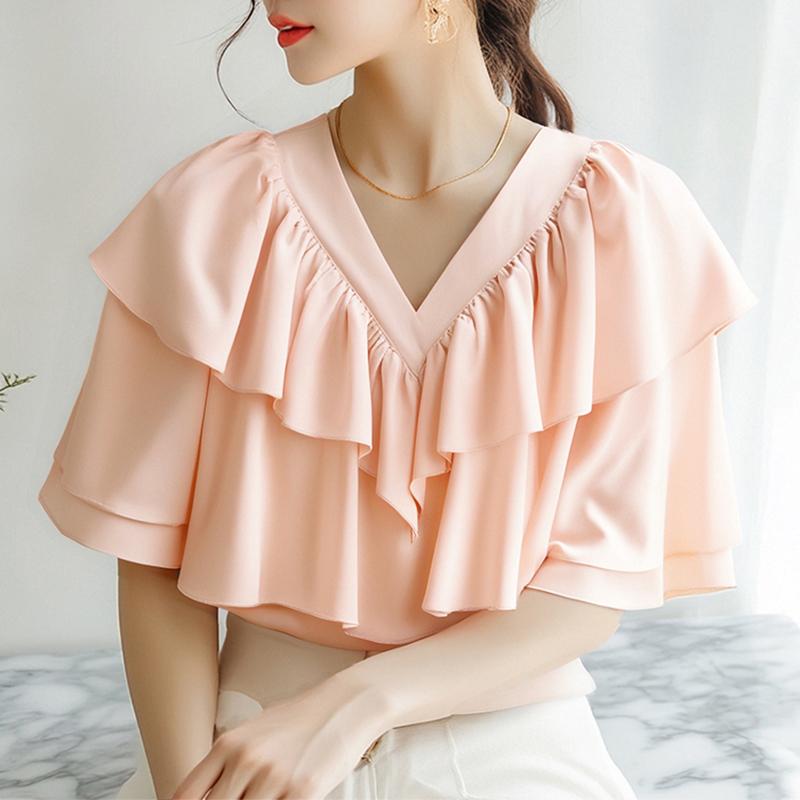 

ZANZEA Женская летняя блузка с рюшами, V-образным вырезом, свободного кроя, с коротким рукавом 5XL оранжевый