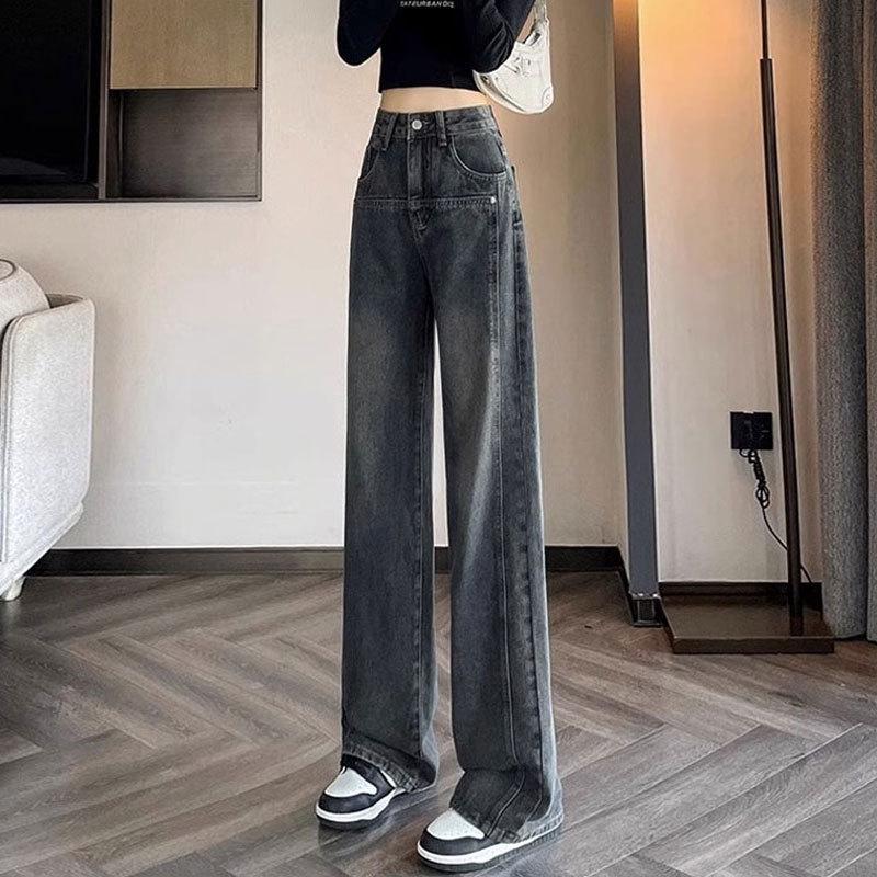 

Женские джинсы широкого кроя с высокой талией, грушевидной формы — цементно-серый, с эффектом потертости, в ностальгическом стиле, длиной до пола. 2XL