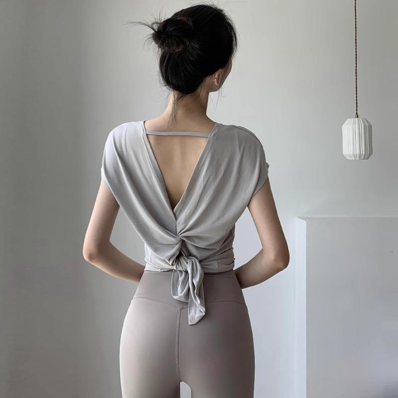 

Топы для йоги с U-образным вырезом, перекрещенной спиной и открытой спиной, свободная майка с короткими рукавами, быстросохнущие дышащие топы, тренировочные рубашки для пилатеса XS