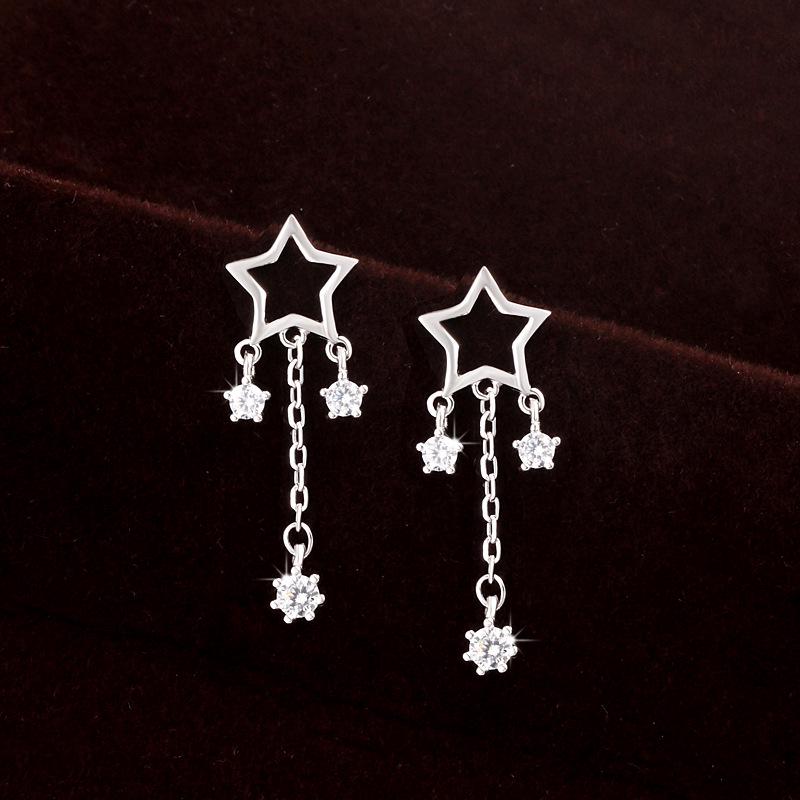 S925 Sterling Silver Hollow Star Tassel Earrings - Korean Style Delicate Drops