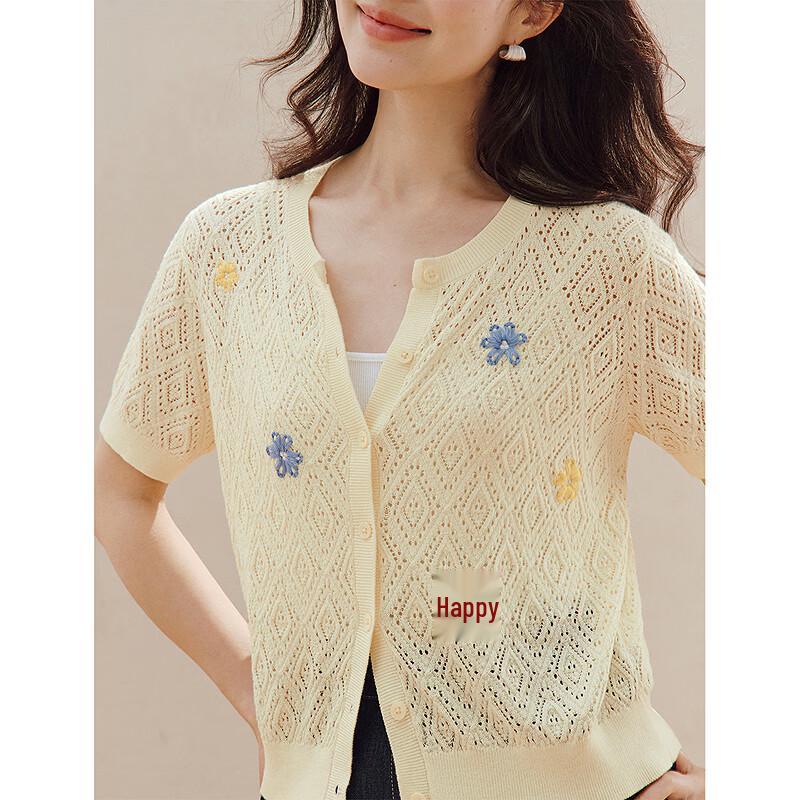 INMAN Women's Floral Embroidered Xinjiang Cotton Short Sleeve Cardigan