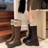 Fargematchende støvler med tykk såle for kvinners høst- og vinter 2025 nye Xiaoxiangfeng høye ridestøvler, små, men knestøvler