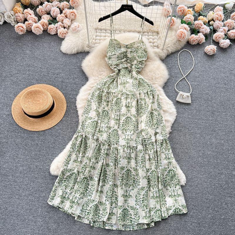 

Супер Сказочный Сарафан Нежное Платье для Отпуска Французский Бандо Бретелька Приталенное Элегантный Драпировочный Эффект Цветочное Платье Green L