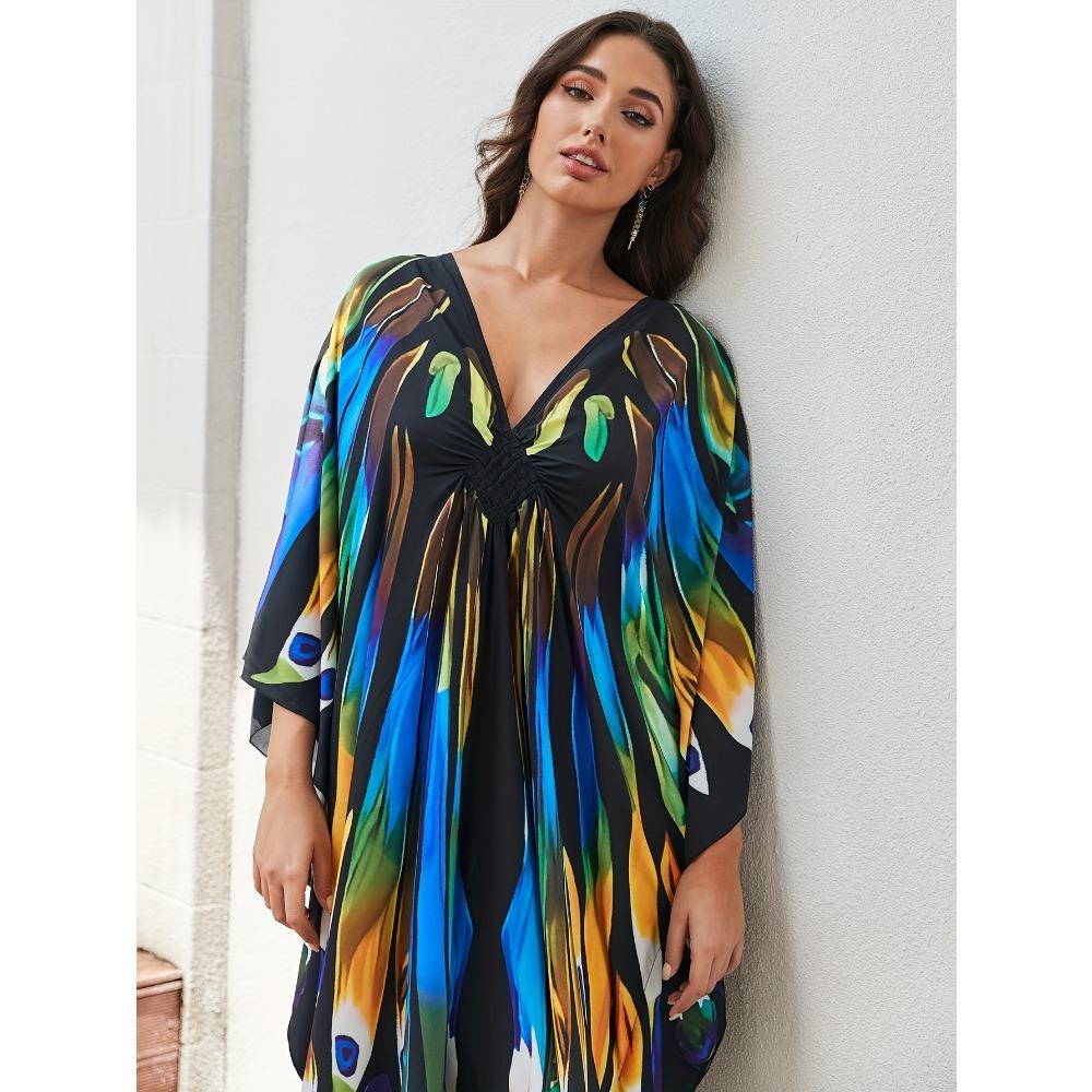 Plus Size Boho Cover Up, Women's Butterfly Print Chinese Knot Braided V Neck Maxi Loose Fit Beach Kaftan Dress