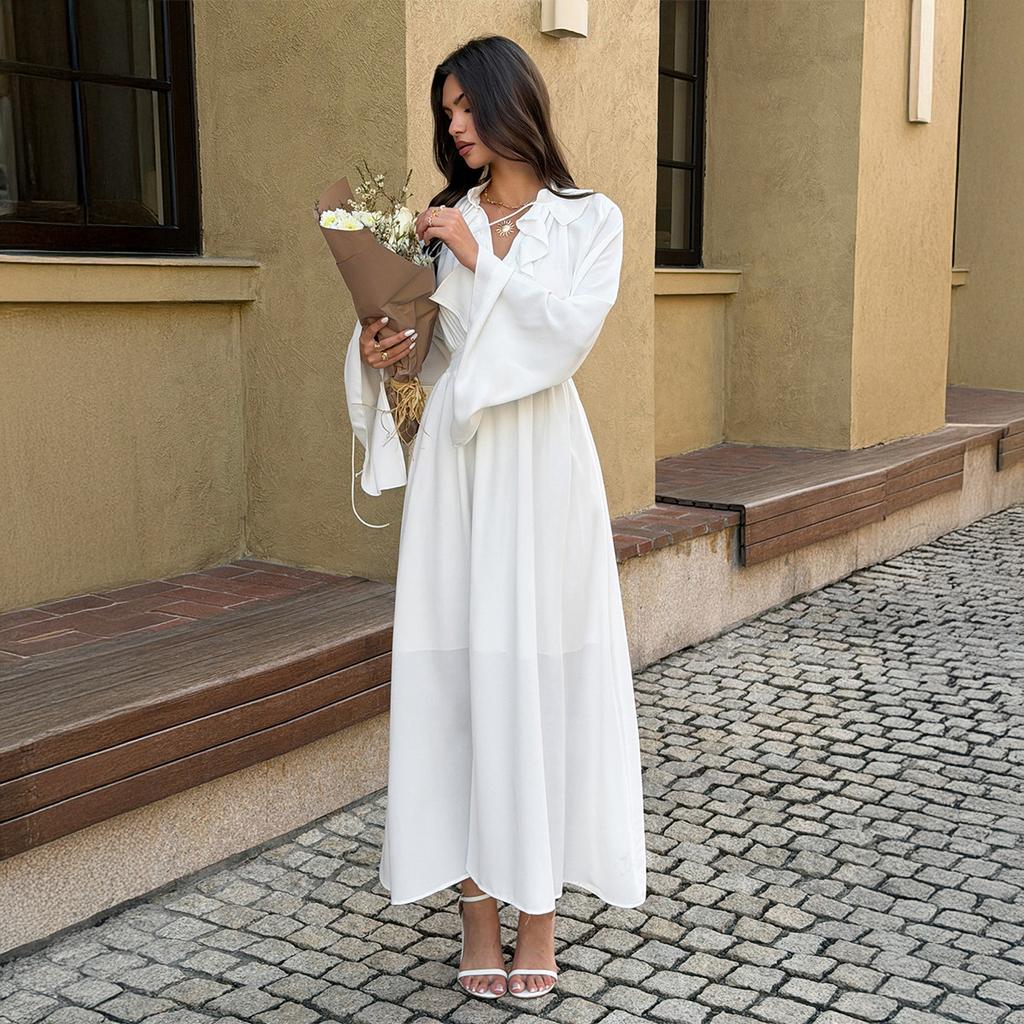 Cross-border European and American elegant style simple high-waisted V-neck long-sleeved dress women's clothing spring and summer independent