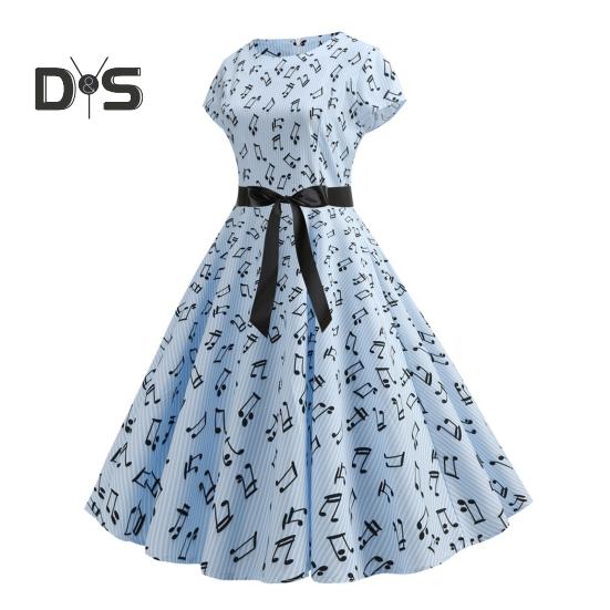 Damenkleid mit Musikskalen-Print, Rundhalsausschnitt, Schleife, Gürtel, enge Taille, A-Linie, großer Saum, bunt, kurze Ärmel, Reißverschluss auf der Rückseite, Midikleid für Damen