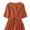 Women Cotton Linen Dress Short Sleeve V Neck Buttons Tie Waist Midi Dress Summer Casual Boho A-Line Flowy Dress