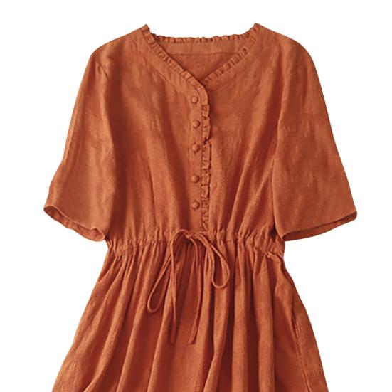 Women Cotton Linen Dress Short Sleeve V Neck Buttons Tie Waist Midi Dress Summer Casual Boho A-Line Flowy Dress