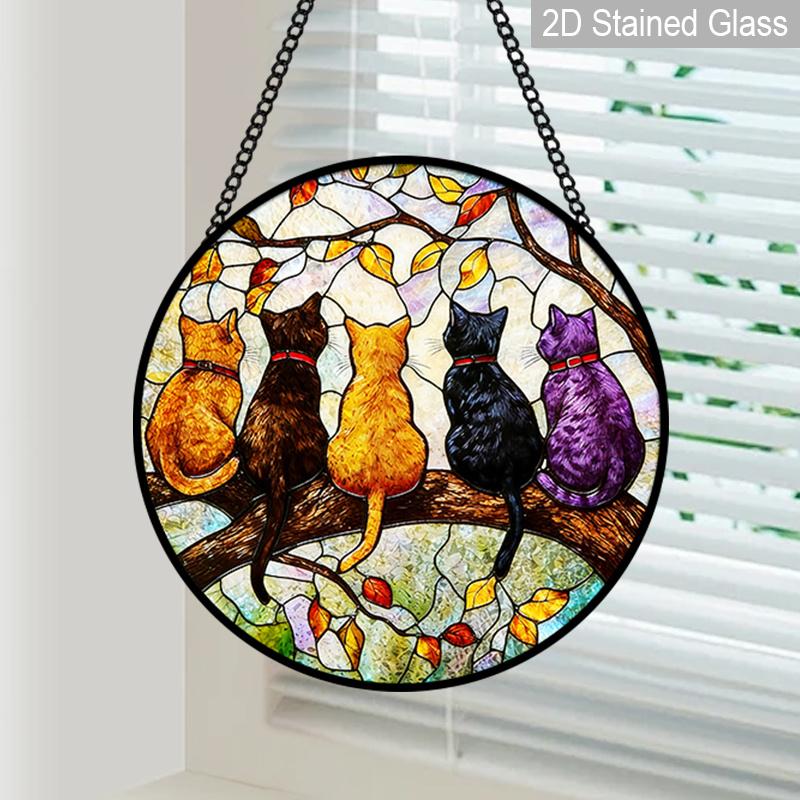 2D Flat Stained Glass 5Cats on A Branch Window Decoration, 7.87inches Cute Colored Glass Plate with Chain, Summer Sun Catcher Home Decor, Unique