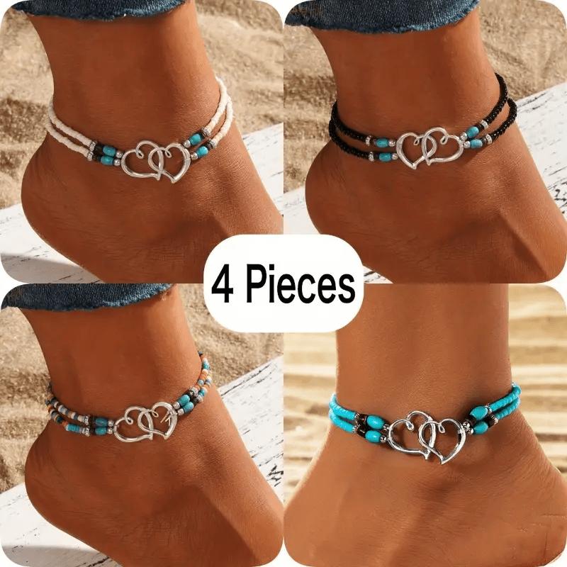 

4pcs Boho Beaded Anklet Set, Colorful Seed Beads HollowDouble Heart Design - Adjustable Elastic for Men Women, Party Casual Gift белый