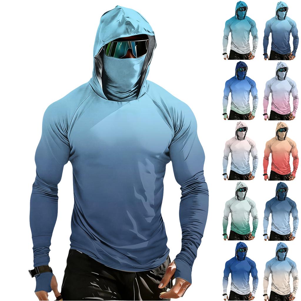 Men Raglan Sleeve Gradient Hooded Long Sleeve Sun Shirt Lightweight Pullover with Thumb Holes for Outdoor Activities