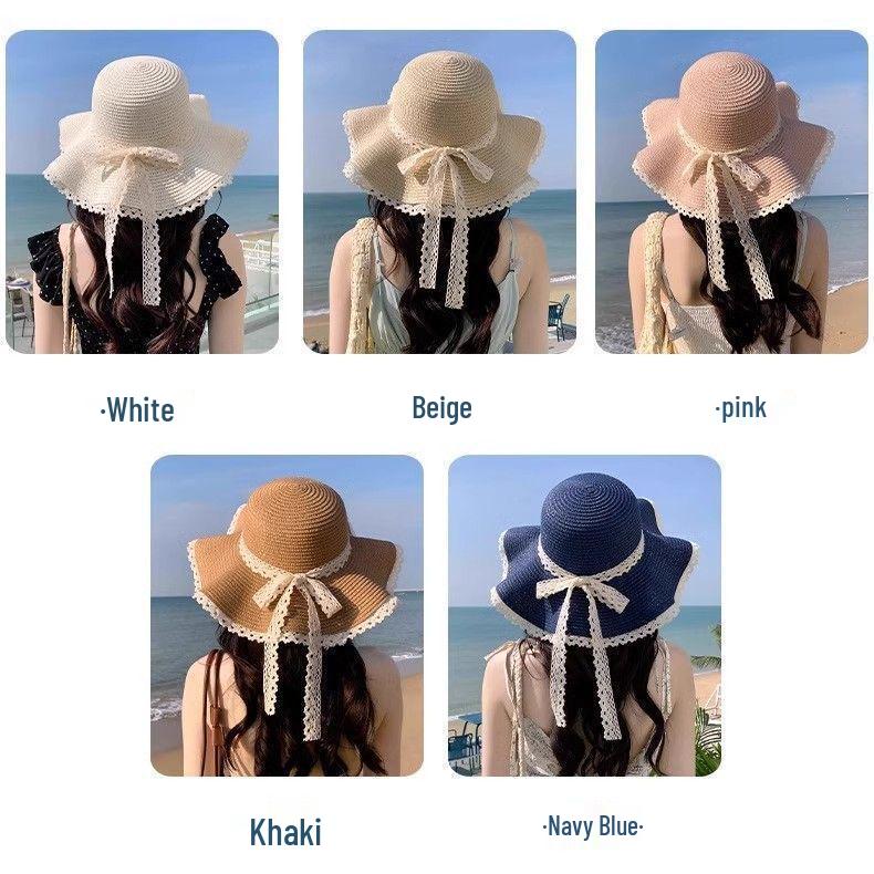 

Женская соломенная шляпа от солнца с широкими полями, бантом и кружевом Khaki Sun Hat - 1 Piece