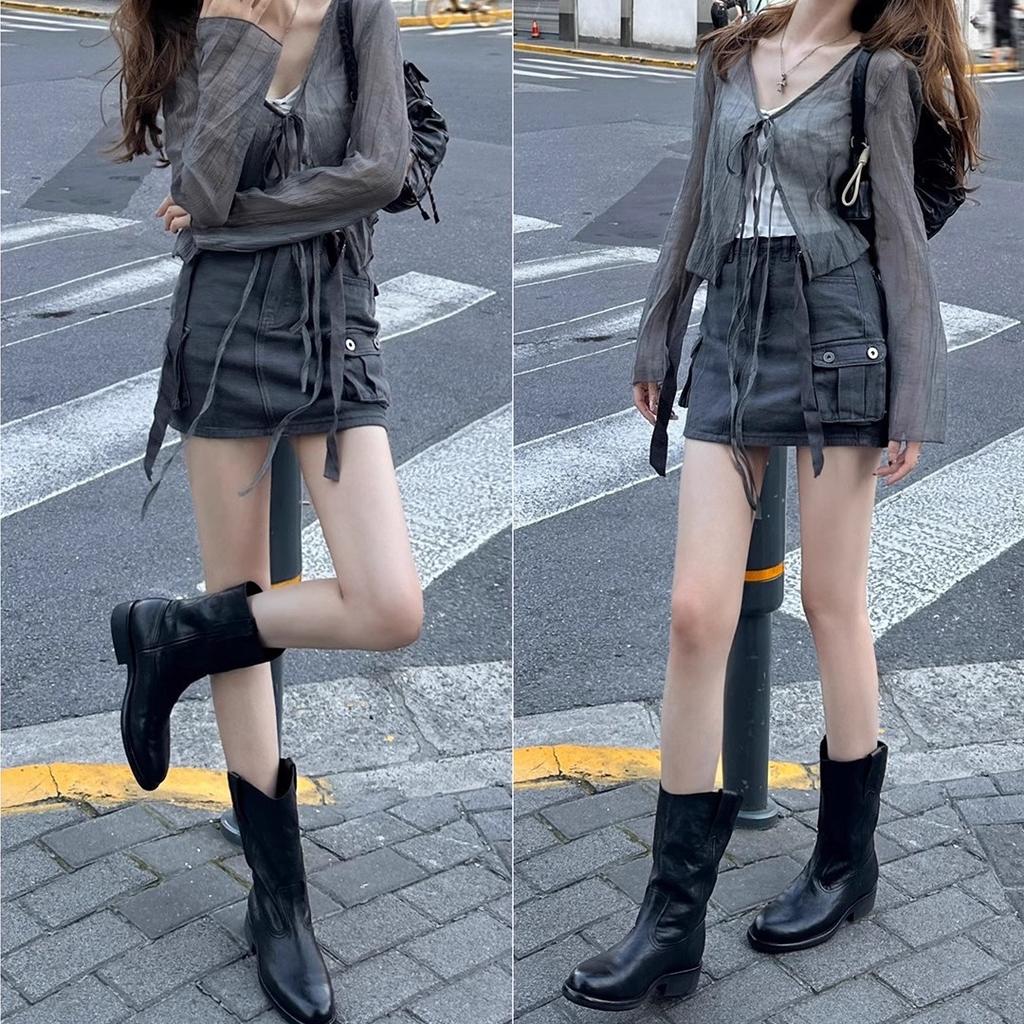 Cowhide Version~ The Same Round Head V-mouth Western Cowboy Boots Thick Heel Medium Boots Short Boots Women's Martin Boots