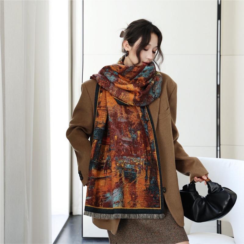 Street scene oil painting scarf women's retro versatile imitation cashmere jacquard shawl autumn and winter new thickened warm scarf
