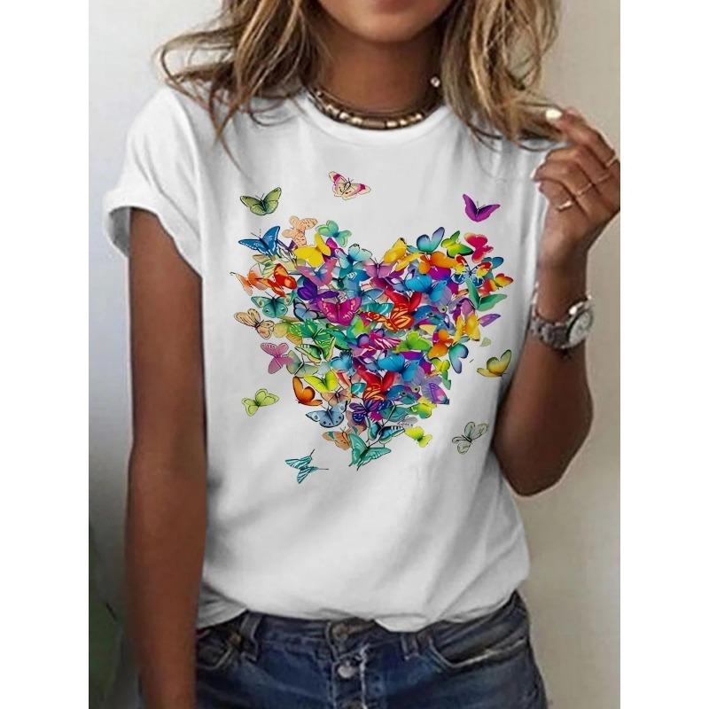 Summer Round Neck 3D Butterfly Print Top Fashionable Casual Short Sleeved Women's T-shirts