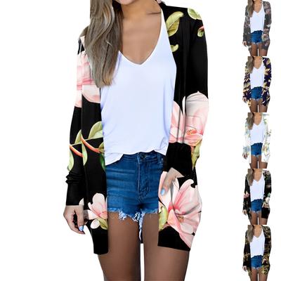 Women's Fashion Casual Floral Print Long Sleeve Midi Cardigan Jacket Tops