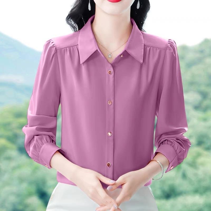 Shirt Women's Long Long Spring and Autumn Shirt Solid Color Slim Loose Bottoming Splicing Design Puff Sleeve Fashionable and Versatile