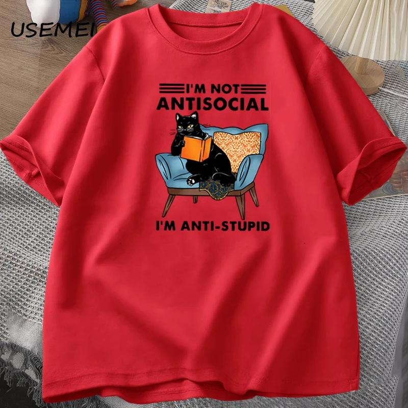 Funny Cat Reading Book T-Shirts Graphic Tees Cotton Mens Clothing O Neck Meme Short Sleeve Tees Harajuku Fashion Womens Oversize