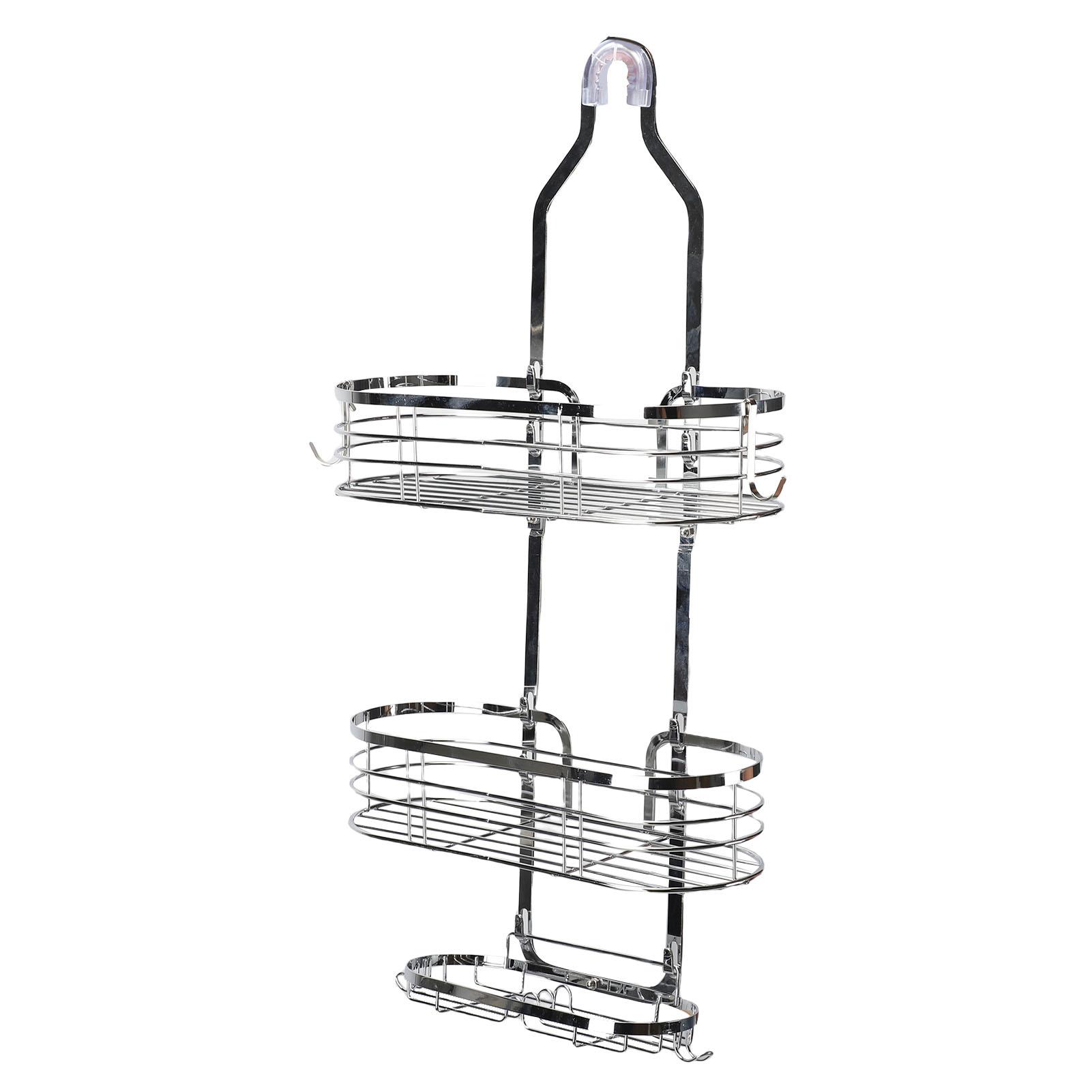 

Shower Caddy Hanging Over Head Iron Bathroom Organizer Shelves with Soap Holder 2 Hooks for Towels Sponge Silver