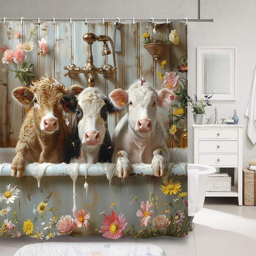 Cute Pig In Bathtub Bath Curtain for Kids Funny Cartoon Animals Rustic Wooden Plank Polyester Fabric Bath Curtain Bathroom Decor