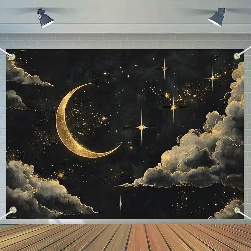 2D Elegant Golden Crescent Moon with Sparkling Stars and Clouds 47.2x31.5inch/120*80cm