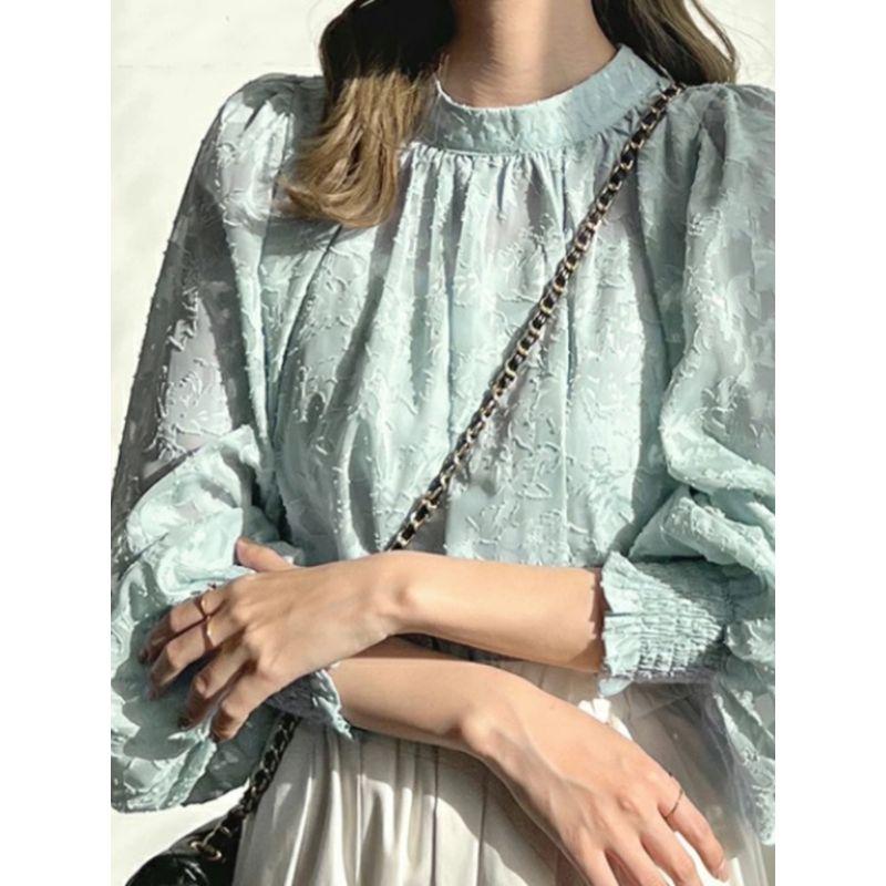 Fall Standing Collar Plus Size Loose Work Clothing Bubble Long Sleeve Chiffon Shirt Lace Tops Sun Protection Clothing Air Conditioning Shirt for Women