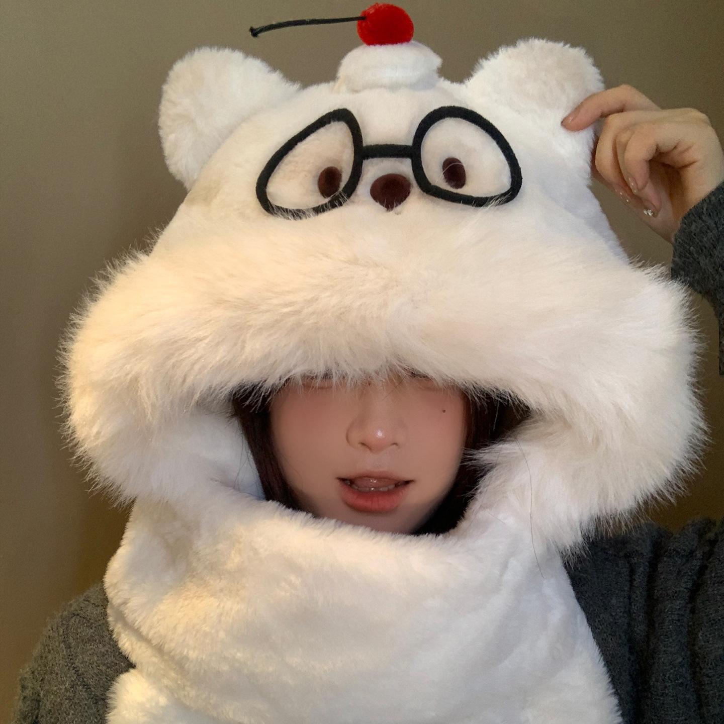 

Cute Cake Bear Ears Plush Hat Scarf One-piece Women s Winter Thickened Warm Scarf Gloves Three Piece Set M（56-58cm）