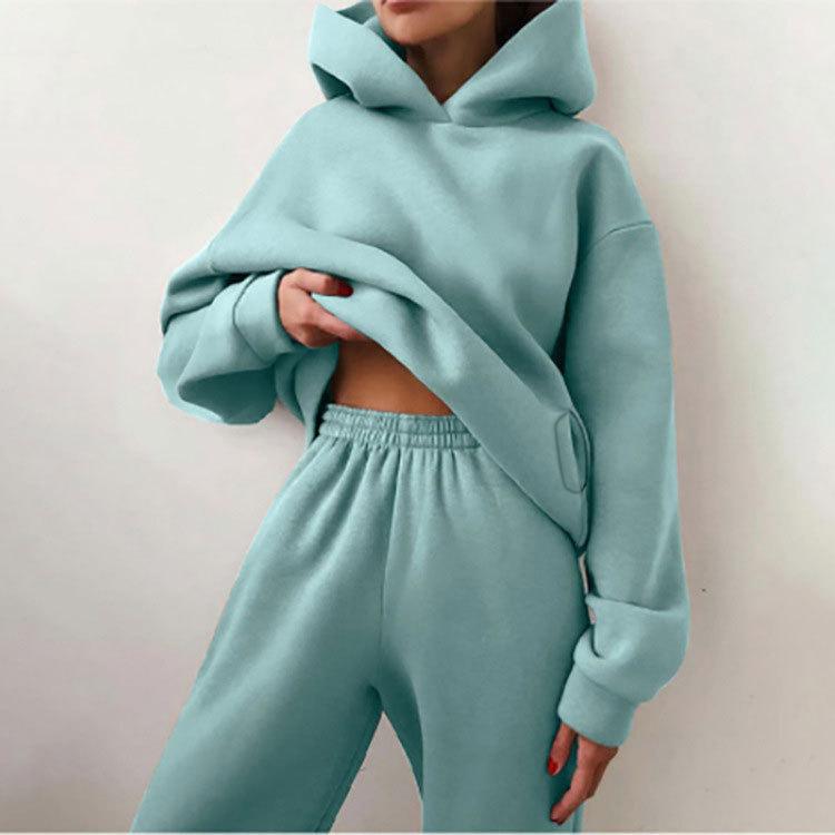 2026 cross-border foreign trade women's clothing, new spring models in Europe, America, solid color casual sports style hooded sweater trousers set