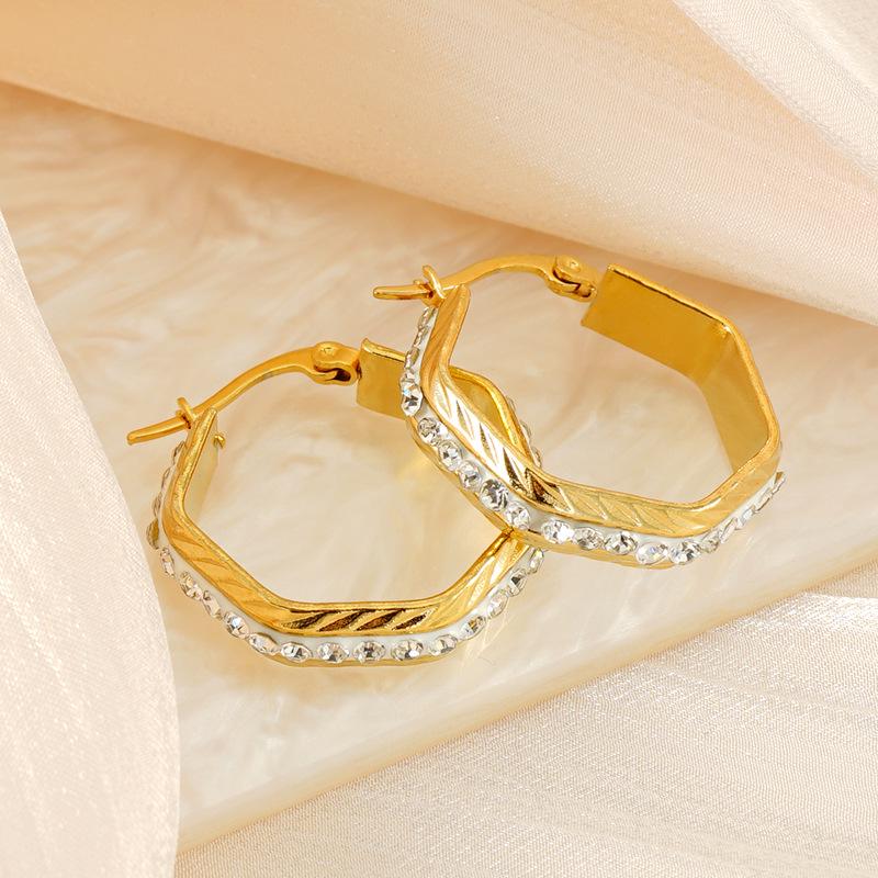 Hexagonal Diamond-Set Gold-Plated Titanium Steel Earrings: European & American Style for Women