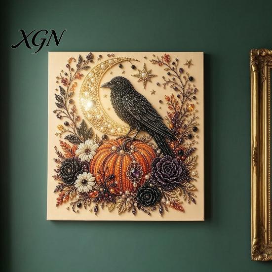 Handgemachtes Geschenk für Bastelfreunde 2 Stück Halloween Kunst mit Kunstperlen, Geisterkürbis Hexe Krähe Malerei DIY Funkelndes Perlen-Set Kit, 3D Totenkopf