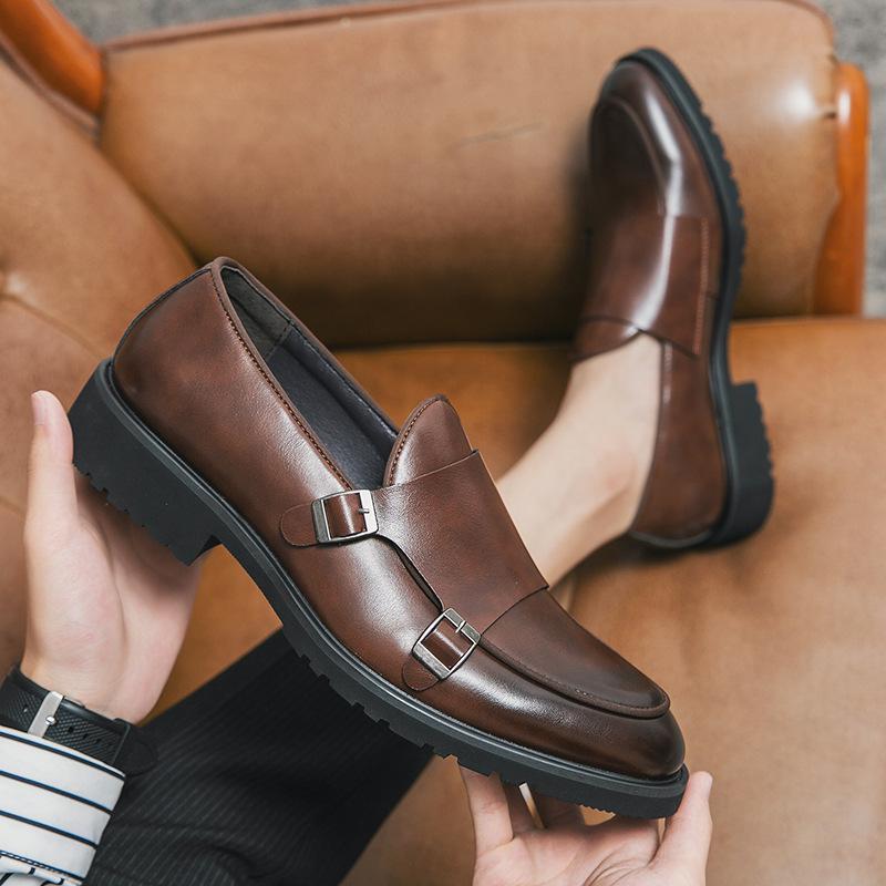 2025 Large Size Business Munk Shoes Men's Solid Color Platform Dress Leather Shoes Korean Version Office Loafers