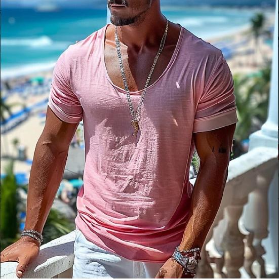 Summer Men's T-shirt V-neck Solid Color Plus Size Casual T-shirt Short Sleeve Men's Clothing