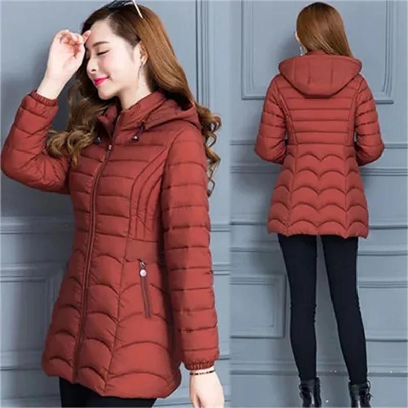 Winter Coat Women Fashion Middle Age Mother Slim Down Cotton Hooded Jacket Plus Size Casual Solid Warm Thick Outwear Parka