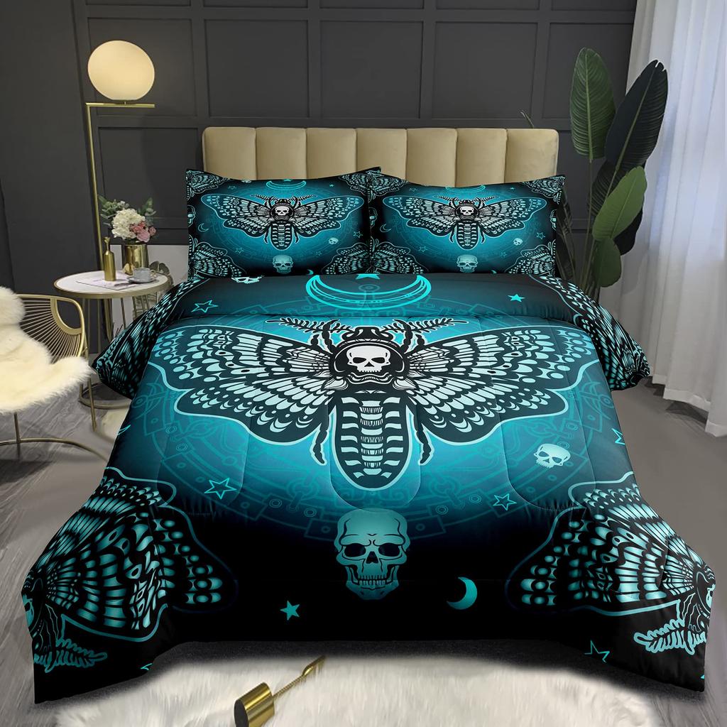 Grün Farbverlauf Totenkopfschwärmer Bettbezug Schmetterling Tier Tierkreiszeichen Galaxie Bettwäsche für Jungen Mädchen Gothic Motte Skelett Boho Raumdekor