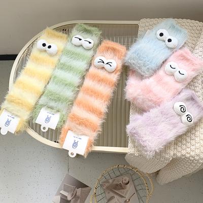 Cute Women Thicken Floor Sock Cartoon Funny Eyes Plush Socks Winter Home Sleep Thermal Slipper Color Striped Mid-tube Socks