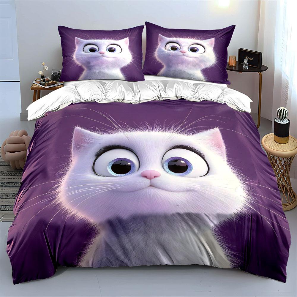 White Cat, Purple Background, Big Eyes Duvet Cover Set With 3D Printing Design Soft Polyester Bedding Set All-Season Comfort