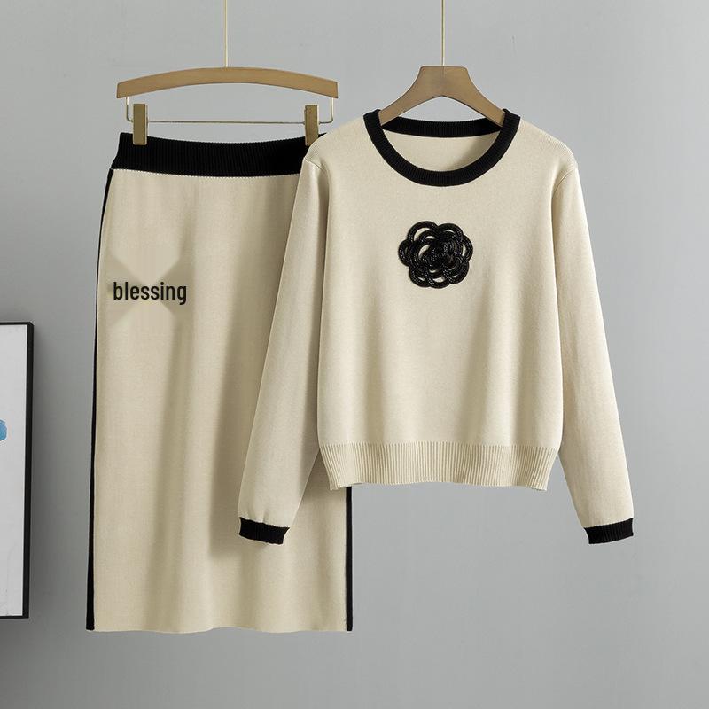 Damen Koreanisches Kamelien Strickwaren Set: Elegantes Rundhals-Oberteil & Bodycon-Rock Zweiteiler