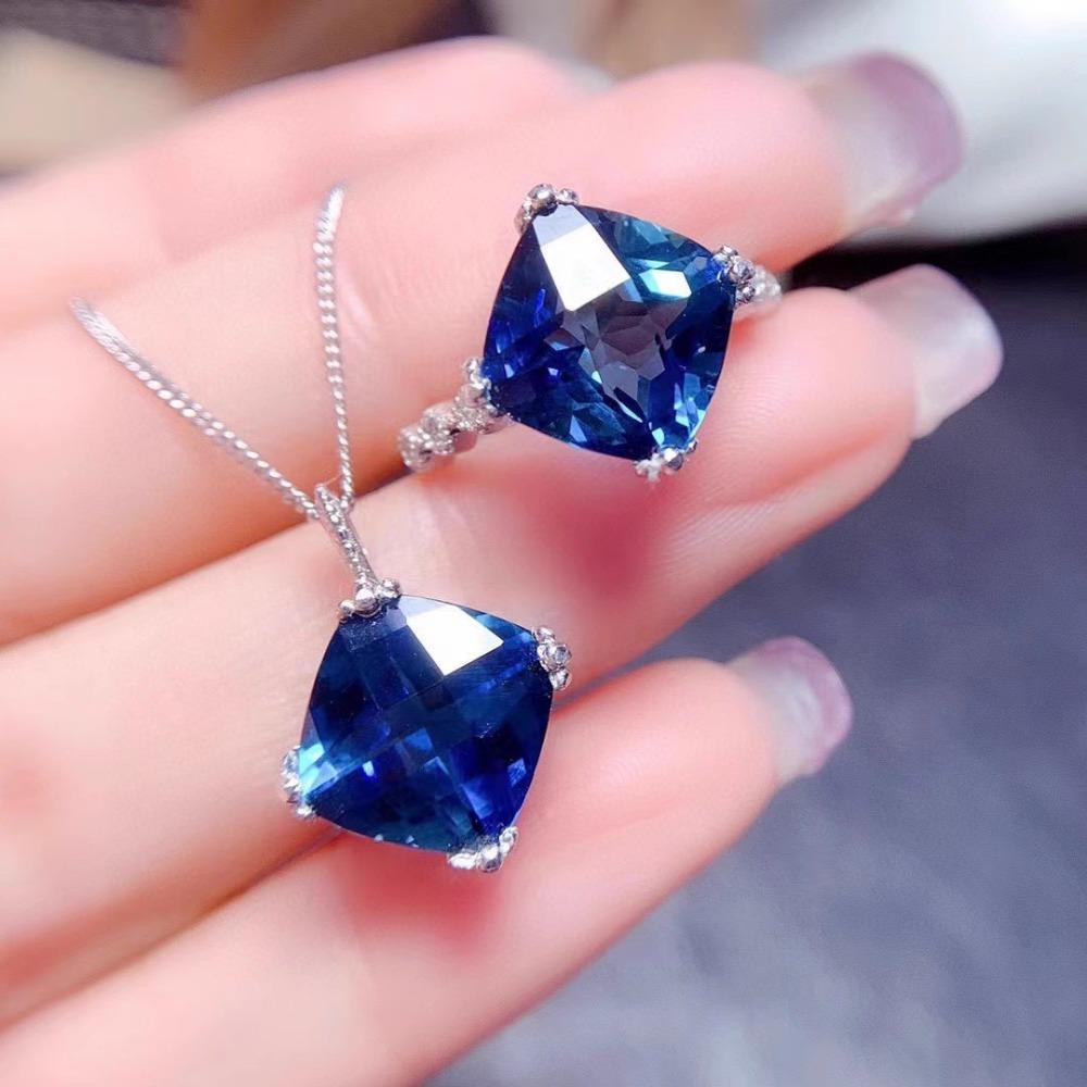 Elegant Princess Cut London Blue Topaz Sapphire Jewelry Set with Adjustable Ring for Women