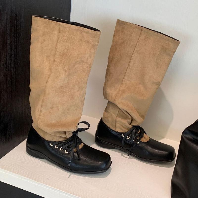

New Autumn Knee Boots Women Lace Up Square Toe Street Style Women High Knight Boots Fashion Brand Designer Long Boots Female 39