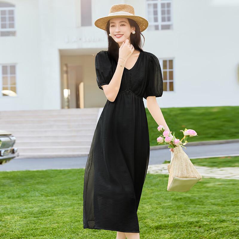 VICTORIA&VERA Women's V-Neck Puff Sleeve A-Line Midi Dress