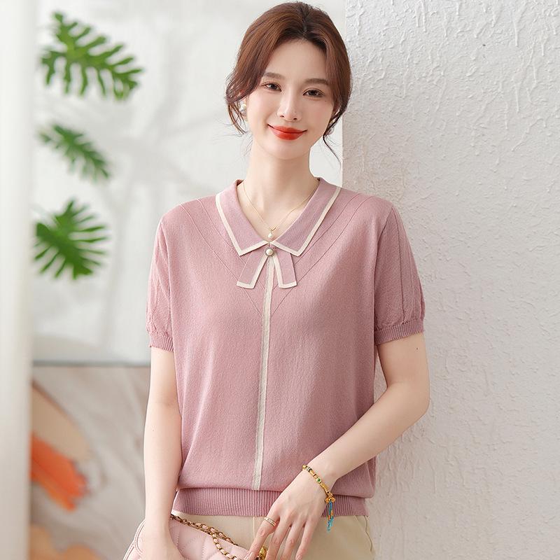 

Summer 2026 Ice Silk Knit Short-Sleeve T-Shirt for Moms - Cool, Lightweight Top for Middle-Aged and Elderly Women 2XL (110-120 jin)