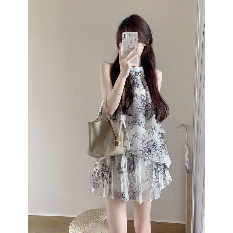 

2026 Summer Ink Wash Print Halter Top & Skirt Two-Piece Set - Socialite Style S (95 lbs and below)