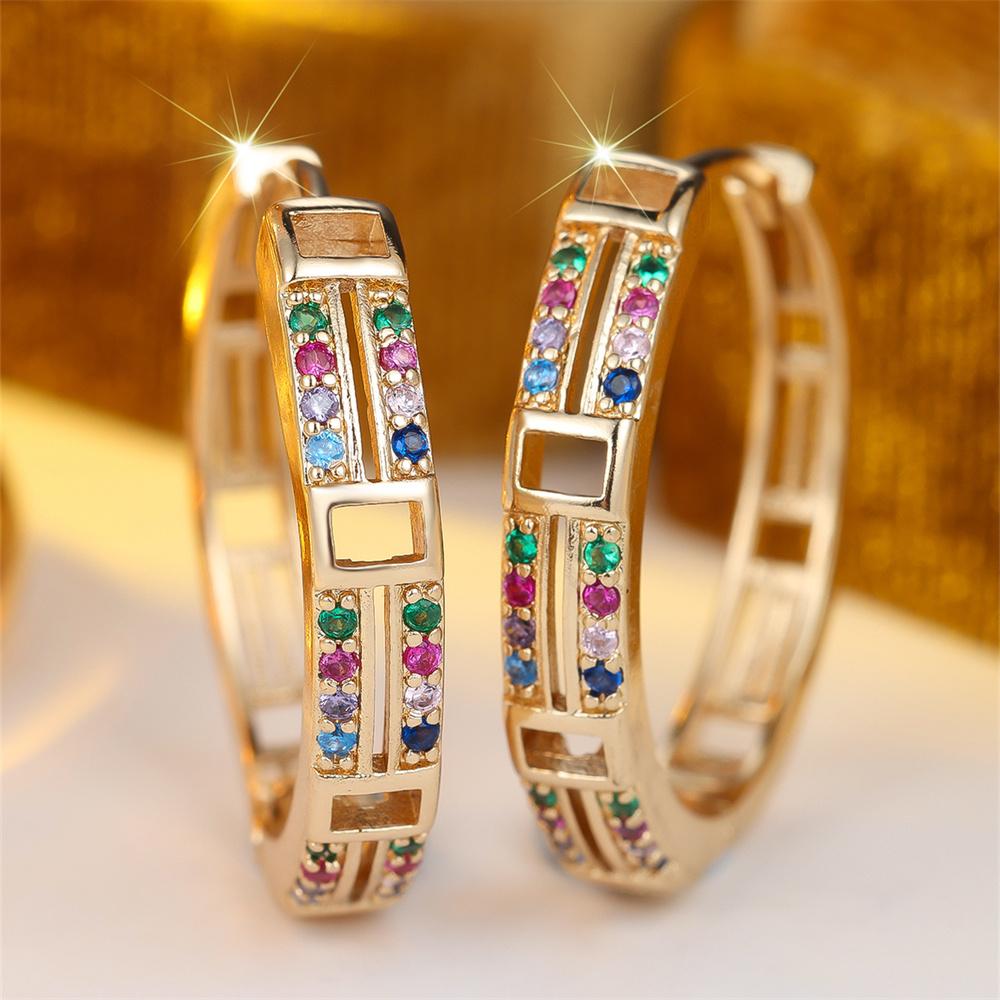 Trendy Hollow Square Rainbow Zircon Round Stone Hoop Earrings For Women Vintage Gold Color Small Ear Buckle Wedding Jewelry Gift