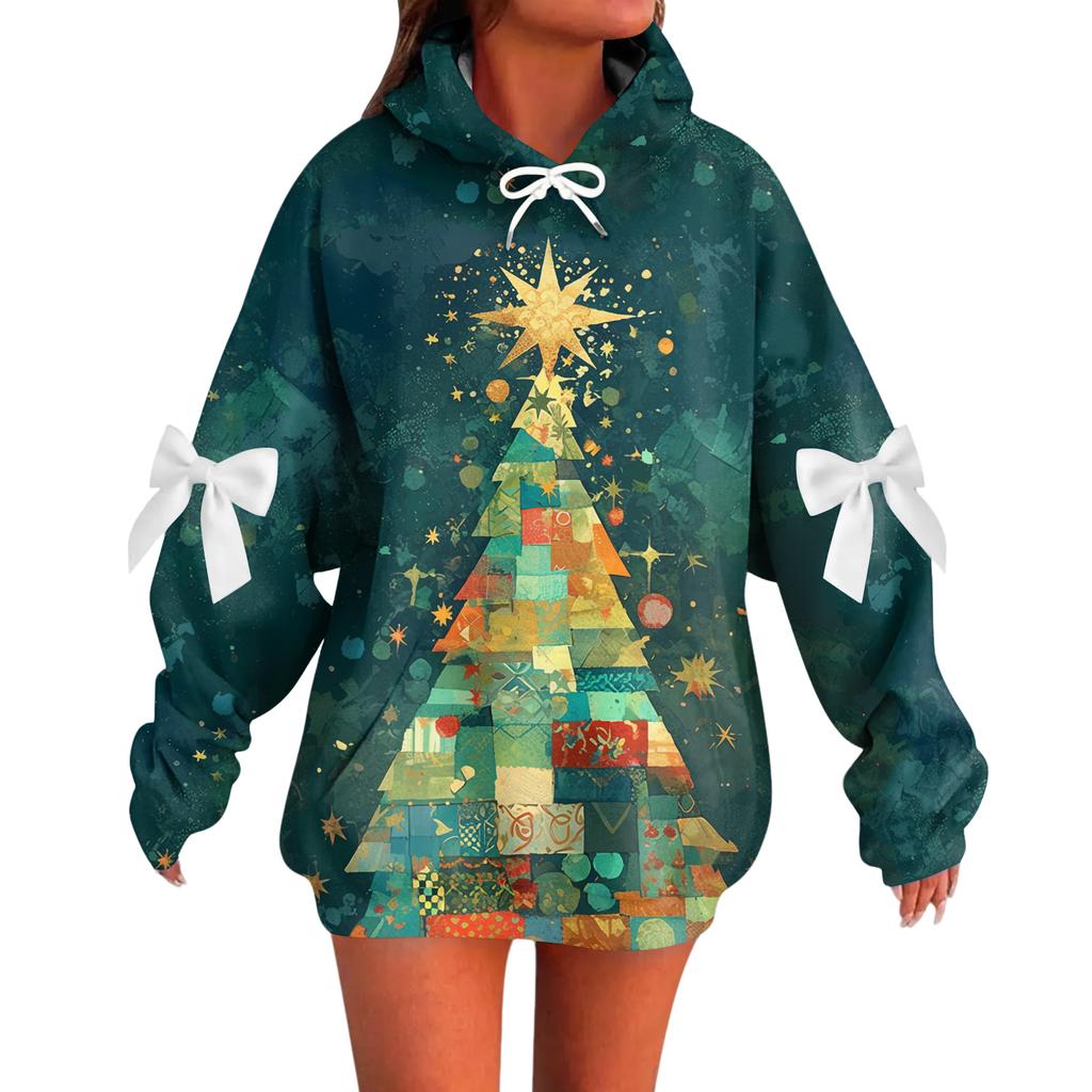 Ladies' Christmas Printed Bow Long Sleeved Loose Fitting Headband With Rope Hooded Sweatshirt Top