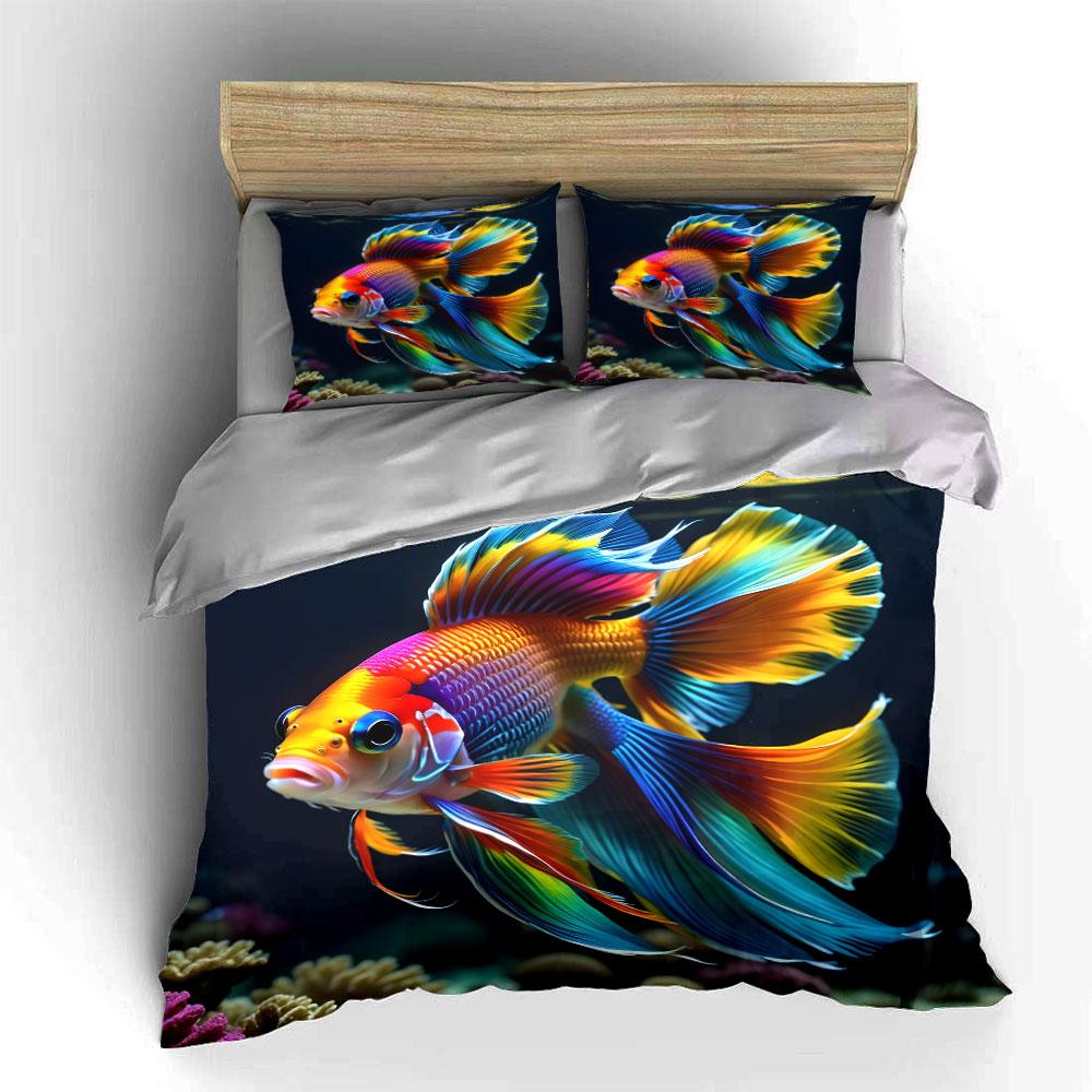 Colorful Fish Trio Decor Set Soft Skin-Friendly Bedding Set Includes 1 Duvet Cover And 2 Pillowcase Gift